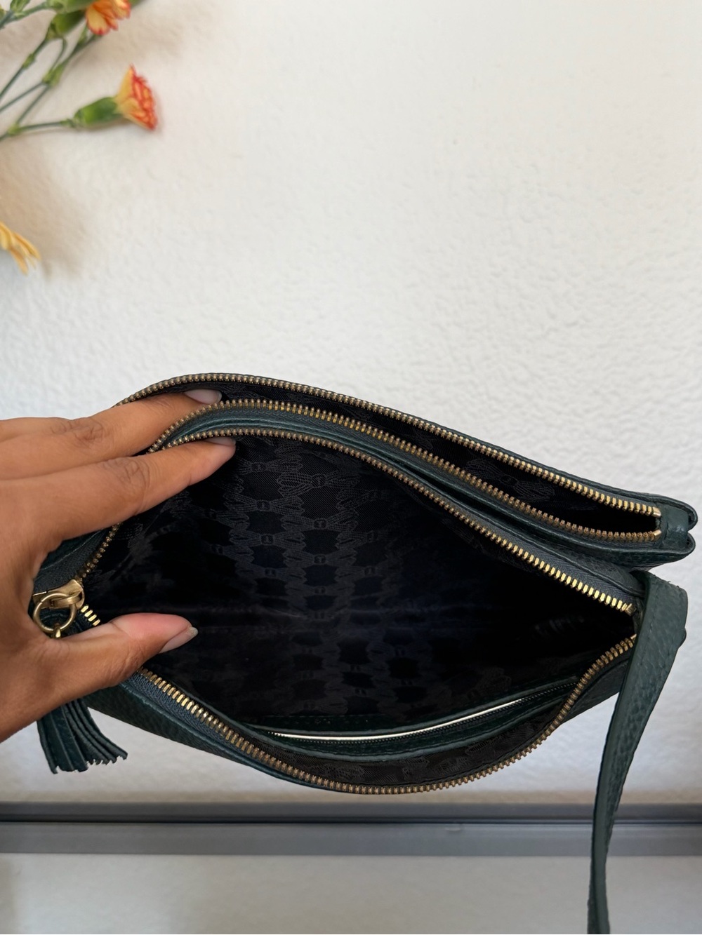 Ted Baker Forest Green Pebbled Leather Crossbody with Tassel - Picture 3 of 6